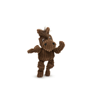 Brown corduroy horse Wee Huggle® plush dog toy with knotted limbs, brown hairy mane, and embroidered facial details.