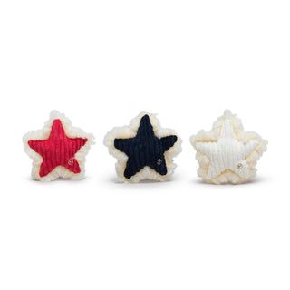 Set of three red, white, and navy blue corduroy stars with natural colored HuggleFleece® on the back.