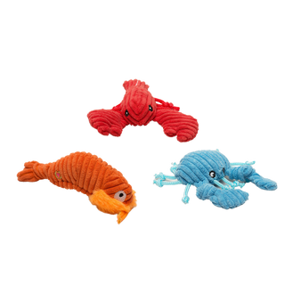Set of three tiny plush corduroy dog toys designed for pint-sized pups: red lobster with eight string legs, orange shrimp with knotted tail, and fuzzy mouth and feelers, and blue crab with knotted claws and eight string legs and two antennae.