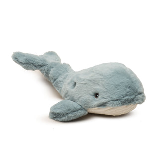 Large whale durable plush dog toy with gray fuzzy faux-fur body, knotted tail, embroidered brown and black eyes, and white corduroy belly.