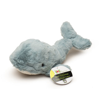 Small whale durable plush dog toy with gray fuzzy faux-fur body, knotted tail, embroidered brown and black eyes, and white corduroy belly.