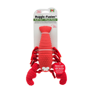 Lobster shaped squeaky dog toy made of a combination of latex body with plush knotted limbs: red body, legs and claws on packaging