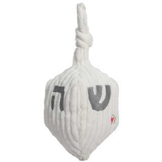 Oh Dreidel Plush toy rotated to show two Hebrew letters embroidered in gray on white plush.
