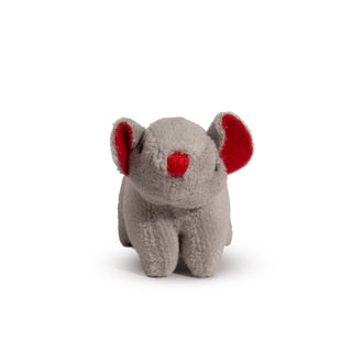 Mouse shaped, catnip stuffed cat toy: has gray fur, black eyes, red nose, and red inner-ear.