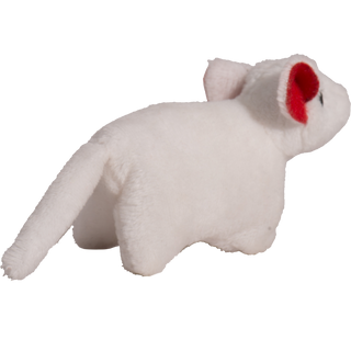 Back of mouse shaped, catnip stuffed cat toy: has white fur.