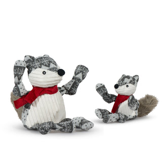 Set of two festive fox shaped durable plush dog toys: fur has a gray and white Christmas sweater pattern, black nose, black eyes, white pupils, has a white face, and stomach, wearing a red scarf, furry gray tail, and is squeaky with knotted limbs. 