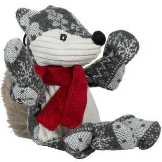 Festive fox shaped durable plush dog toy: fur has a gray and white Christmas sweater pattern, black nose, black eyes, white pupils, has a white face, and stomach, wearing a red scarf, furry gray tail, and is squeaky with knotted limbs. 