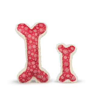 Set of two holiday themed plush done dog toys: red with white snowflake fabric on the front, natural colored HuggleFleece® on the back with squeaker in 12in and 2ft sizes.