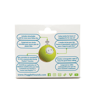 Back of product packaging describing different features of PlayKat™ interactive ball cat toy.