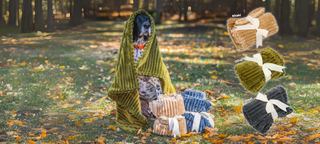 Baner for Scout blankie. Black and white furred dog sitting on grass with green soft blanket wrapped around with a natural and charcoal colored blanket next to the dog.