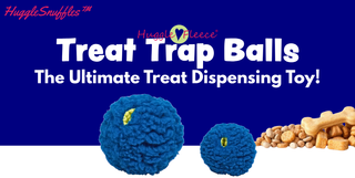 Banner for blue treat trap ball. Has blue fluffy outside with neon green inside. Has text in the background and dog toys. 