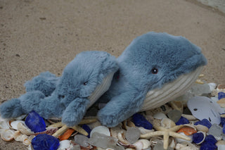 Set of two whale durable plush dog toys in large and small with gray fuzzy faux-fur body, knotted tail, embroidered brown and black eyes, and white corduroy belly on sand resting on shells and sea glass.