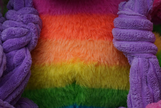 Close up view of rainbow faux-fur to show detail.