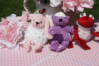 A picture of the 3 tiny (wee) toys sitting on a pink and white gingham cloth.  The picture includes the pink bunny, the purple frog and the red frog.  The pictures also has beautiful flowers.  Image is very sweet and conjures up Valentine's day. 