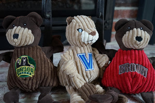 Set of three University mascot durable plush corduroy dog toys: Baylor, Villanova, and Brown.