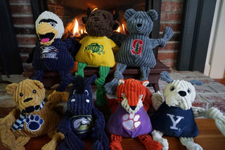 Set of seven University mascot durable plush corduroy dog toys: Georgia Southern, North Dakota, Stanford, Penn State, Davis California, Clemson, and Yale.