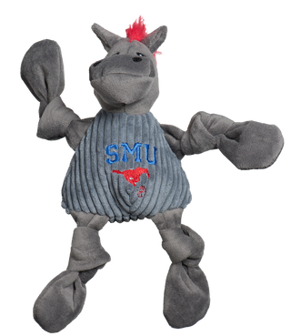 Southern Methodist University Peruna mascot durable plush dog toy: gray with red hair, black eyes, gray corduroy shirt with university logo across the chest, and knotted limbs with squeakers. Small size.