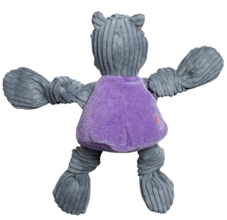 Plush toy with gray arms and legs and a purple torso on a white background