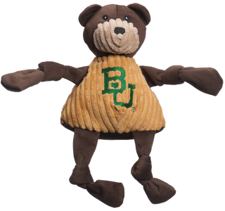 Baylor University Bruiser the brown bear mascot durable plush corduroy dog toy with knotted limbs wearing gold shirt with Baylor University logo on the front. Size large.