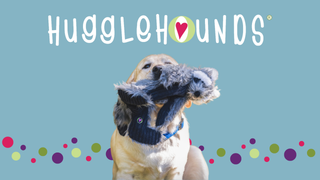 Dog with toy and Huggle Hounds logo 