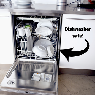 Opened dishwasher with text "Dishwasher safe!"