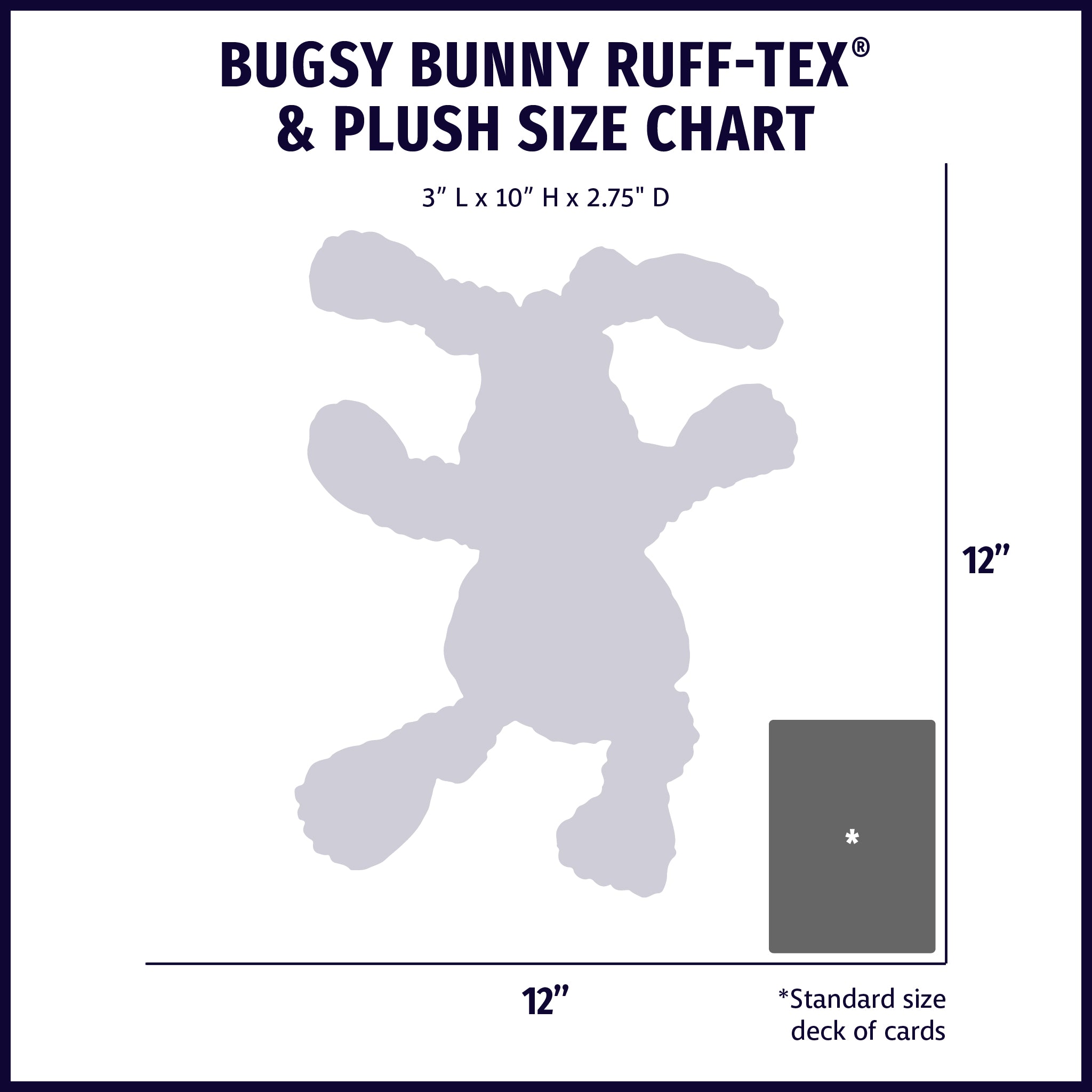 Size chart displaying Bugsy Bunny HuggleFusion® plush and latex dog toy silhouette with approximate dimensions compared to standard size deck of cards.