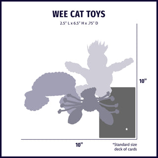 Size chart displaying standard HuggleKats® plush cat toys silhouettes with approximate dimensions compared to standard size deck of cards.