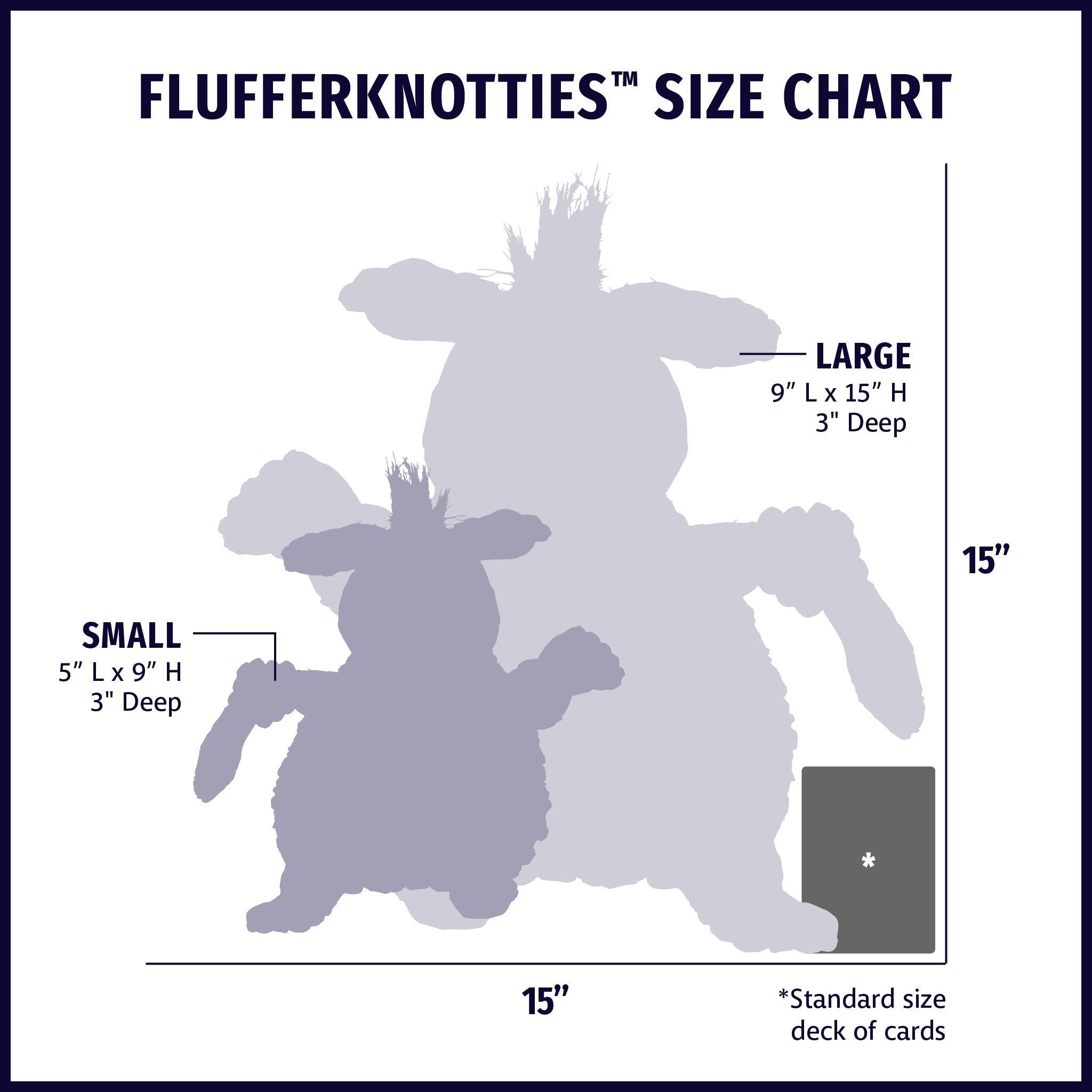Size chart displaying FlufferKnottie™ plush dog toy silhouettes in small and large with approximate dimensions of each size compared to standard size deck of cards.
