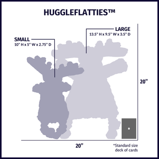 Size chart displaying HuggleFlatties™ plush dog toy silhouettes in small and large with approximate dimensions of each size compared to standard size deck of cards.