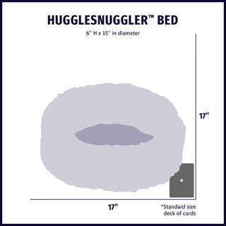 Size chart displaying HuggleSnuggler™ dog/cat bed silhouette with approximate dimensions compared to standard size deck of cards.