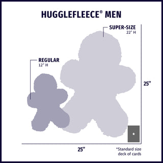 Size chart displaying HuggleFleece® Man plush dog toy silhouettes in regular and super-size with approximate dimensions of each size compared to standard size deck of cards.