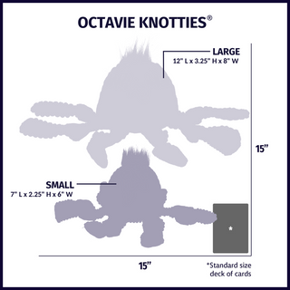 Size chart displaying Octavie Knotties® plush dog toys silhouettes in small and large with approximate dimensions of each size compared to standard size deck of cards.