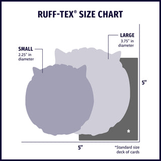 Size chart displaying Ruff-Tex® ball dog toy silhouettes in small and large with approximate dimensions of each size compared to standard size deck of cards.
