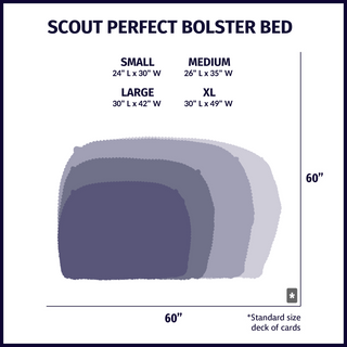 Size chart displaying Scout Perfect Bolster dog bed silhouettes in small, medium, large and xl with approximate dimensions of each size compared to standard size deck of cards.