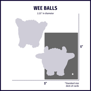 Size chart displaying two Wee Huggle® balls plush dog toy silhouettes with approximate dimensions compared to standard size deck of cards.
