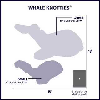 Size chart displaying Whale Knottie® plush dog toys silhouettes in small and large with approximate dimensions of each size compared to standard size deck of cards.