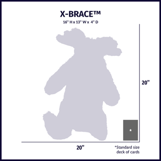 Size chart displaying X-Brace™ plush dog toy silhouette with approximate dimensions compared to standard size deck of cards.