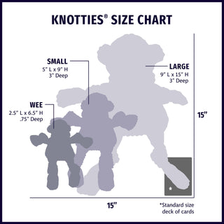 Size chart displaying Knottie® plush dog toy silhouettes in wee, small, and large with approximate dimensions of each size compared to standard size deck of cards.