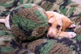 Dog laying on camouflage HuggleFleece® mat next to camouflage HuggleFleece® ball.
