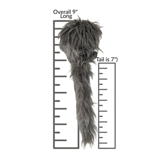 A shaggy gray faux-fur cat toy, shown with measurement rulers and text indicating overall length of 9 inches and tail length of 7 inches on a white background.