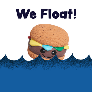 Hamburger toy on a wave showing we float