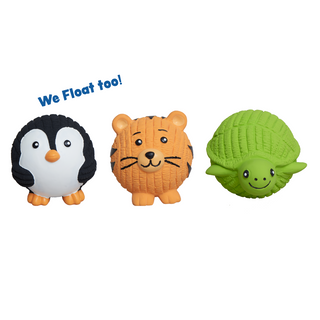 Three colorful animal toys (penguin, tiger, turtle) on a white background with 'We Float too!' text.