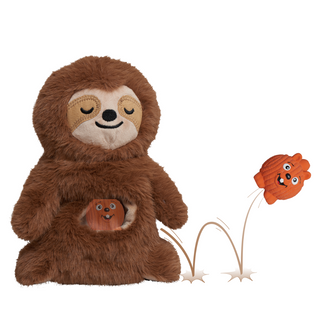 Plush sloth toy with a smaller sloth plush and a flower on a white background