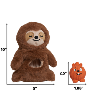Plush sloth toy with a smaller plush toy for scale on a white background