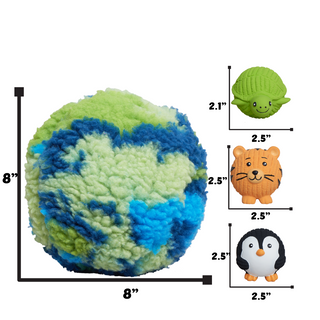 Multicolored textured ball with measurements of small toys on a white background