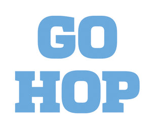 "GO HOP" logo in baby blue text.