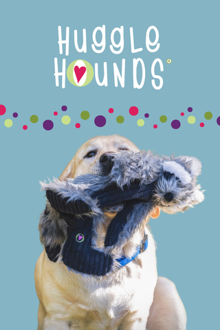 Dog with toy and Huggle Hounds logo 