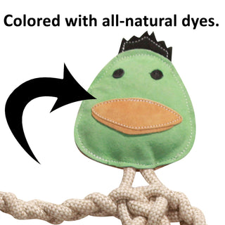 Close up of the head of a Natural Rope Knottie® dog toy with text "Colored with all-natural dyes."
