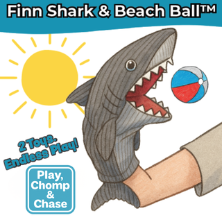 HuggleSnuffles™ Chomp & Chase — Finn Shark Puppet + Ruff-Tex® Beach Ball