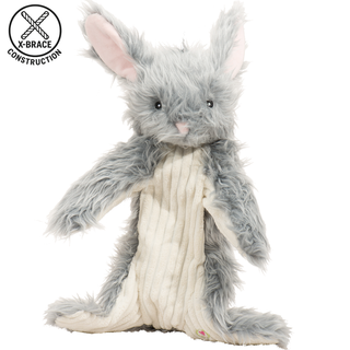 Plush toy resembling a gray rabbit with a white rope body on a white background, featuring X-Brace Construction logo.
